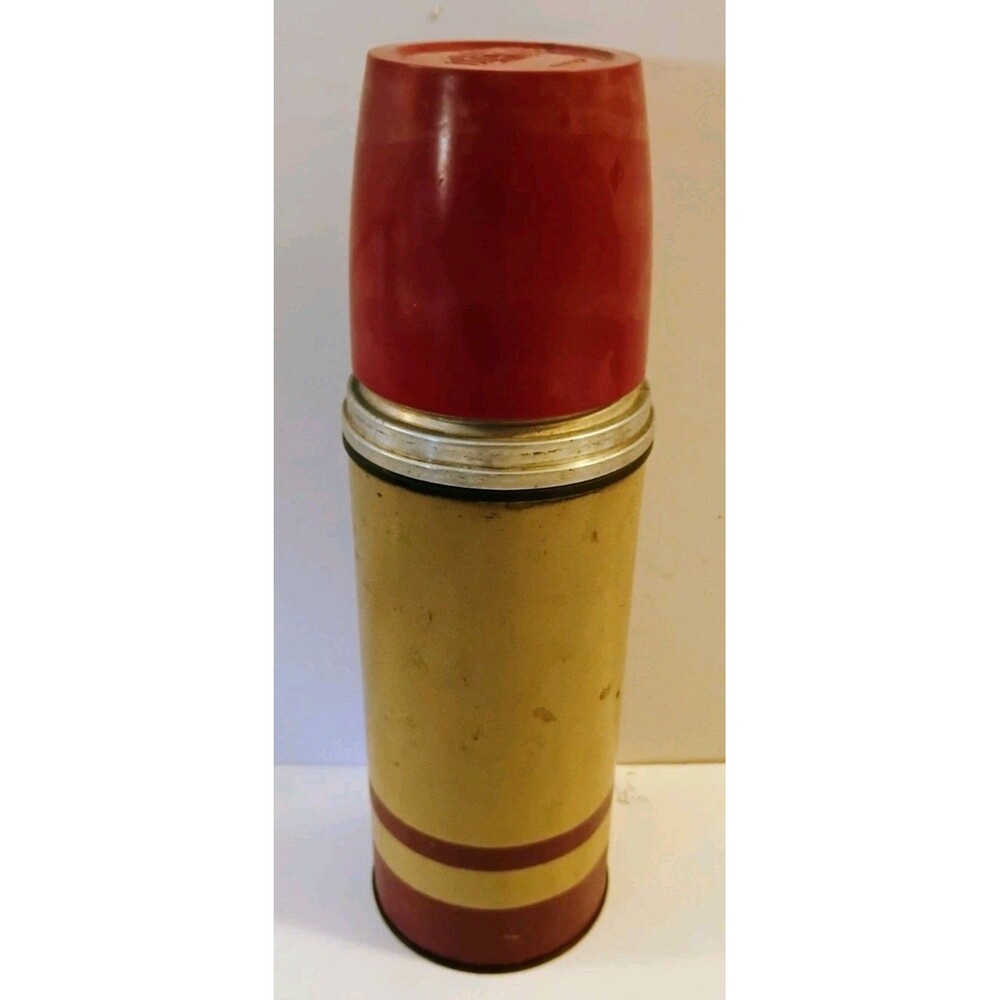 Vintage 1950s American Thermos Co Pint Flask 10 Oz Cork Stopper Maroon Tan
